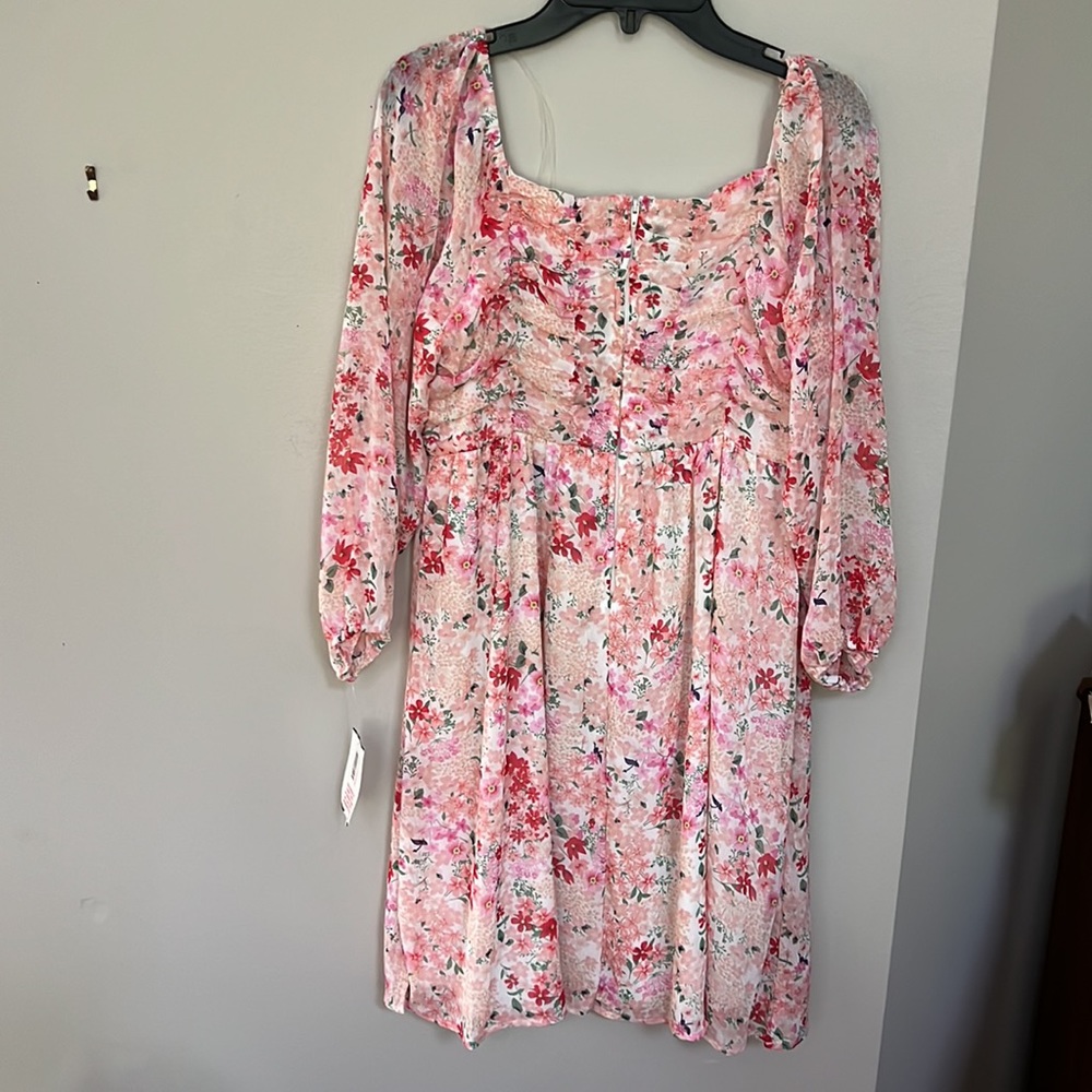 Poppies and Roses Long-Sleeve Ruched Bodice Floral Printed Knit Shift Dress - Picture 5 of 15